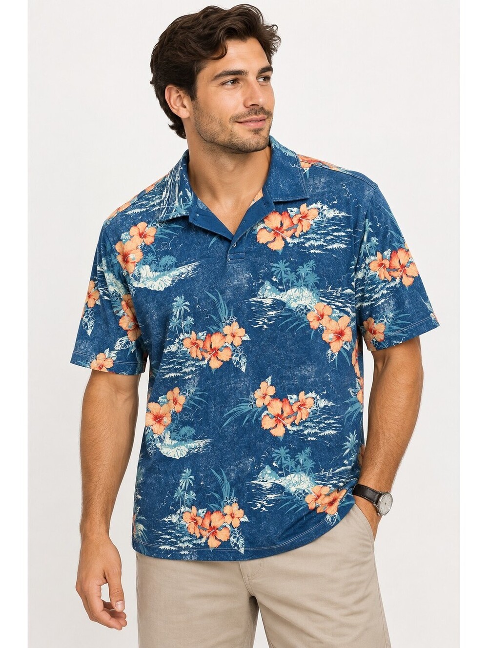 Tommy Bahama Men's Large Blue Floral Hawaiian Polo Shirt 100% Cotton